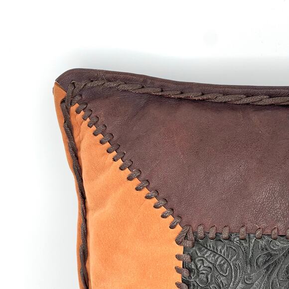 Vintage tooled patchwork leather suede 17” square pillow - Picture 3 of 6